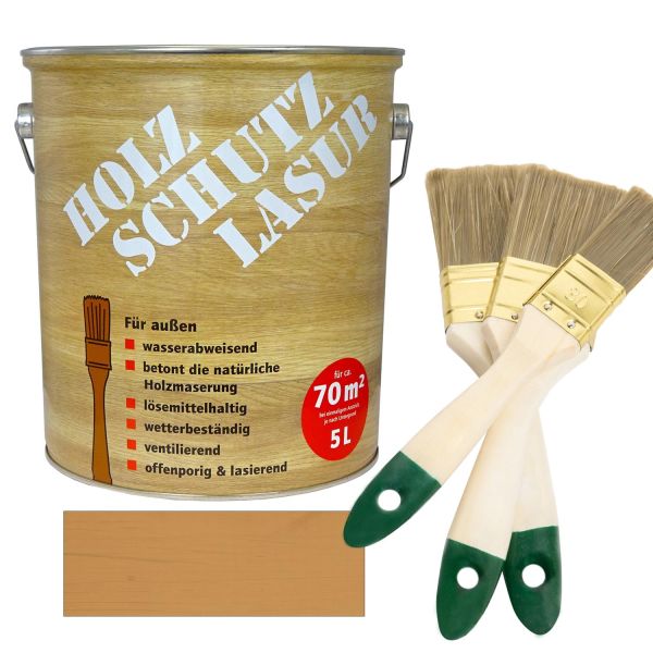 Holzschutzlasur Eiche 5l + Pinsel-Set 3-teilig