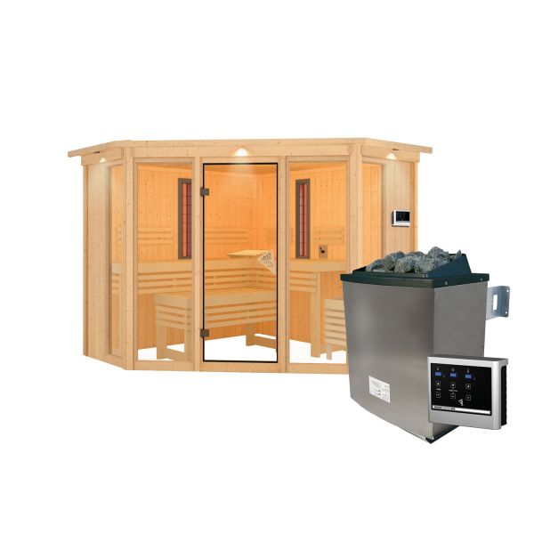 Infrarotkabine Asta mit Kranz Set naturbelassen mit Ofen 9 kW ext. Strg.