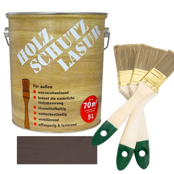Holzschutzlasur Palisander 5l + Pinsel-Set 3-teilig