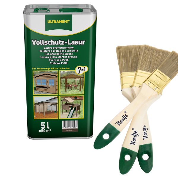 Ultrament Vollschutz-Lasur palisander 5 L + Pinsel-Set 3-teilig
