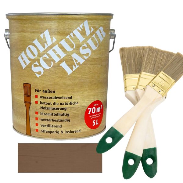 Holzschutzlasur Nussbaum 5l + Pinsel-Set 3-teilig