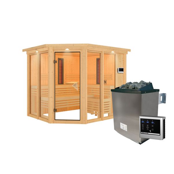 Infrarotkabine Ava mit Kranz Set naturbelassen mit Ofen 9 kW ext. Strg.