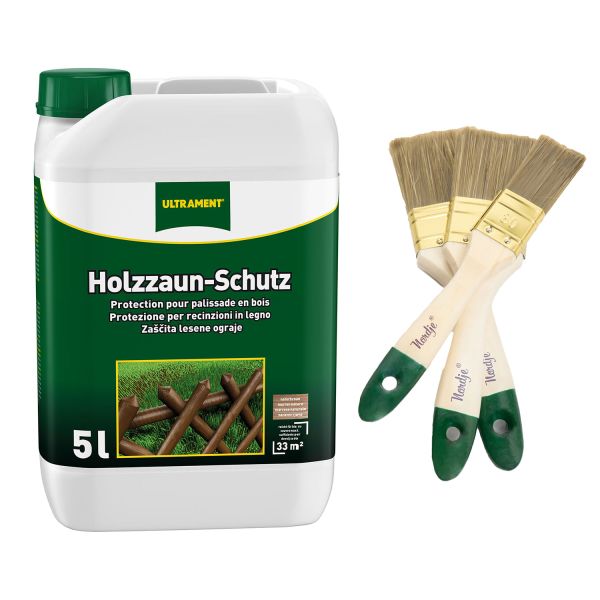 Ultrament Holzzaun-Schutz Kiefer 5 L + Pinsel-Set 3-teilig