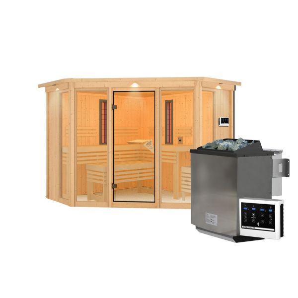 Infrarotkabine Asta mit Kranz Set naturbelassen mit Ofen 9 kW Bio ext. Strg.