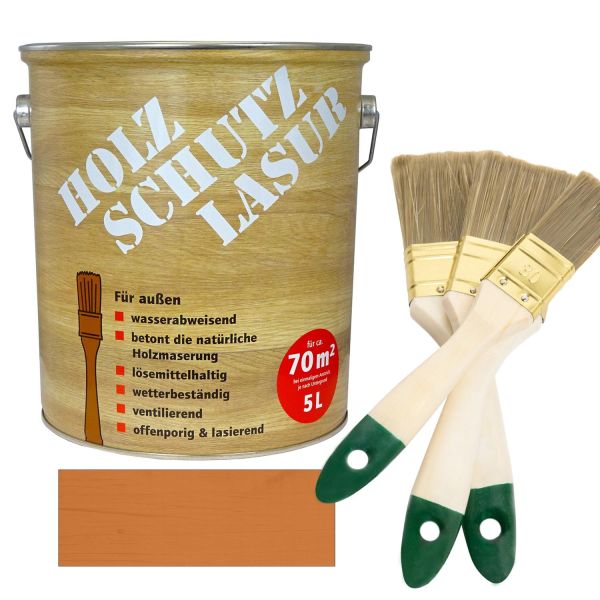 Holzschutzlasur Teak 5l + Pinsel-Set 3-teilig