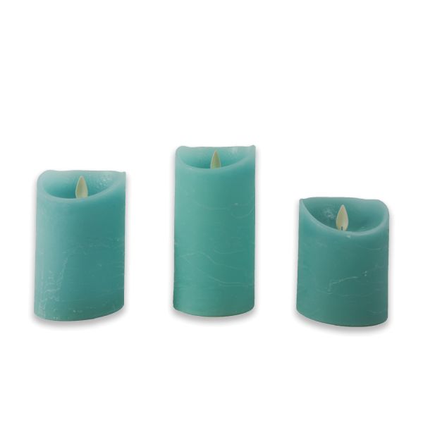 Kerze aus Echtwachs | bewegliche Flamme | Timer in Aqua 3er Set