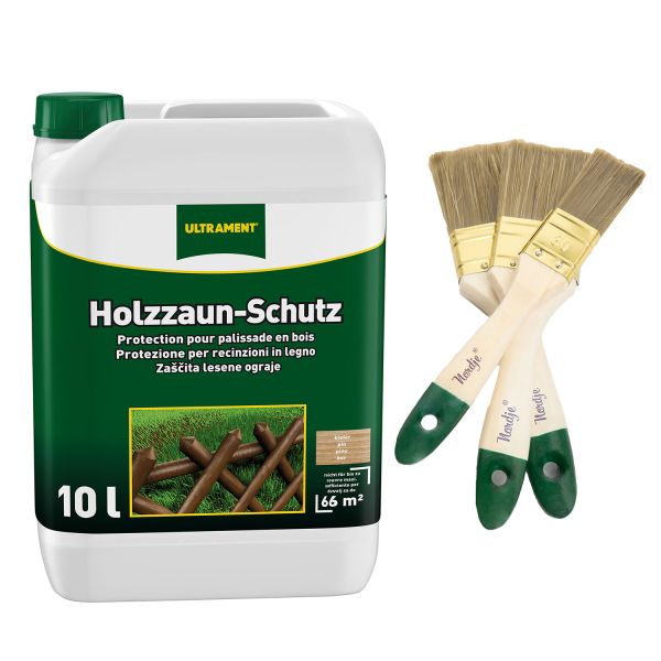 Ultrament Holzzaun-Schutz Kiefer 10 L + Pinsel-Set 3-teilig