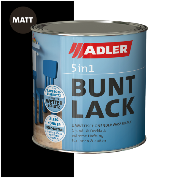 ADLER 5in1-Buntlack Matt Tiefschwarz RAL9005 0,75l