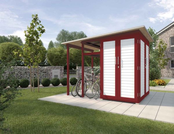 Weka Garten Gerätehaus | Geräteschrank | [Q] Modul Family| seitlicher Anbau offen| schwedenrot/weiß